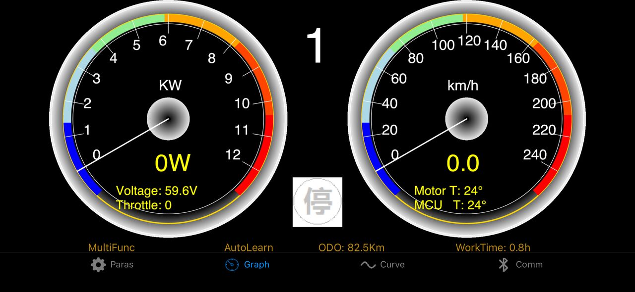 Voltron / Fardriver diagnostic view: KW gauge, km/h gauge, voltage, throttle, motor and MCU temperatures, ODO and worktime, plus Paras / MultiFunc / AutoLearn / Graph / Curve / Comm tabs.