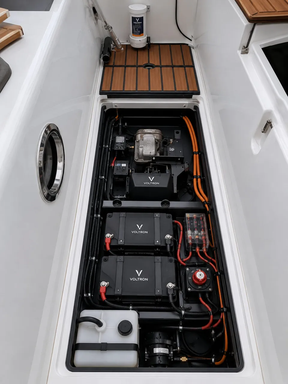 Voltron Marine — two Voltron-branded battery modules in a yacht engine well with Voltron header tank, fuse box and main disconnect