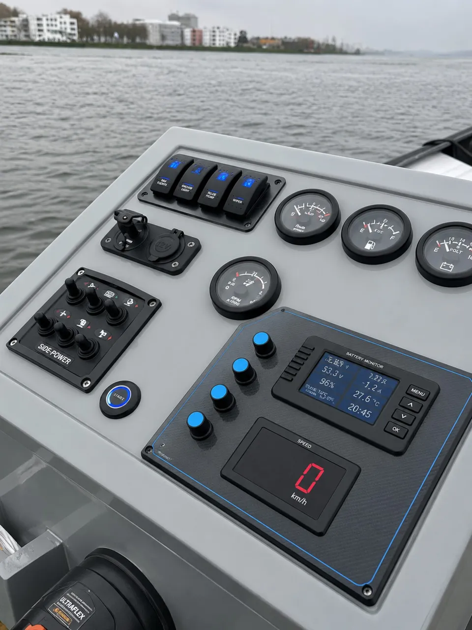 Boat cockpit with Voltron App live telemetry display.