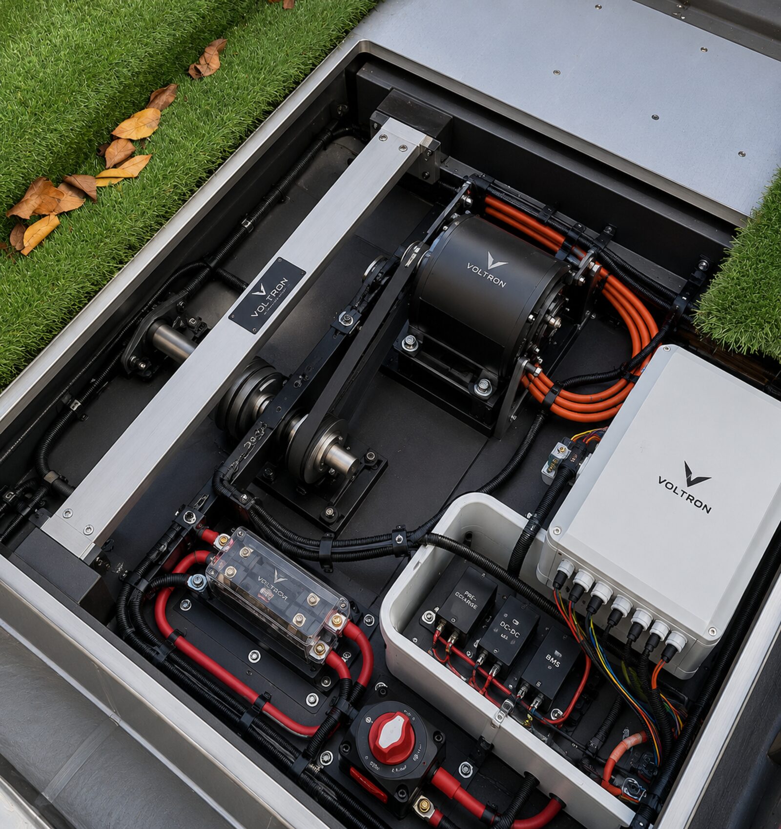 Top-down view of a Voltron Marine drivetrain installed in an aluminium bilge box: motor, controller, fuse box, shunt and orange marine power cables.