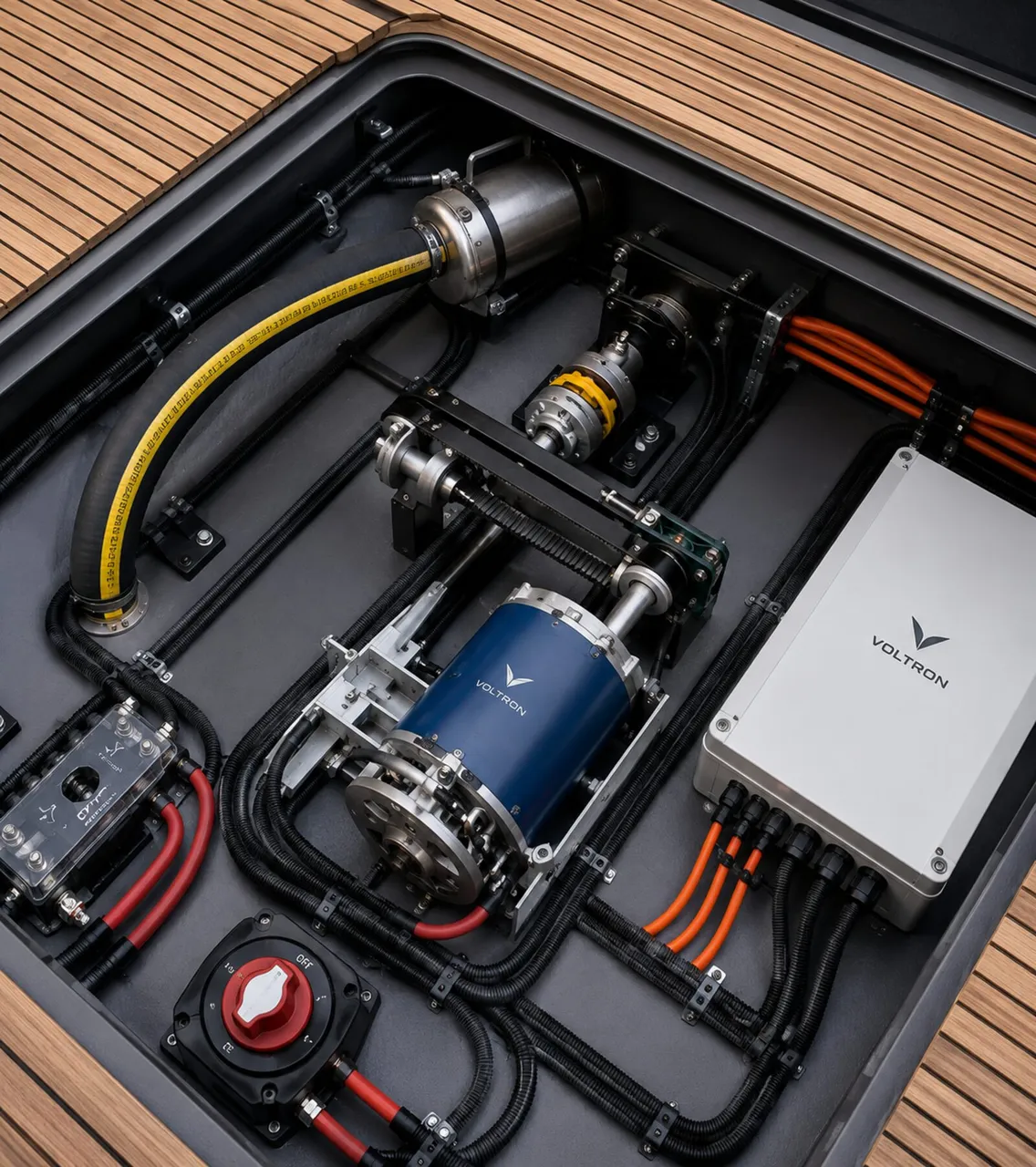 Voltron Marine motor and controller installed beneath a teak deck on a day-cruiser.